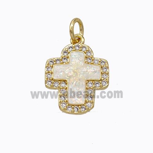 Copper Cross Pendant Micropave Zirconia White Fire Opal 18K Gold Plated