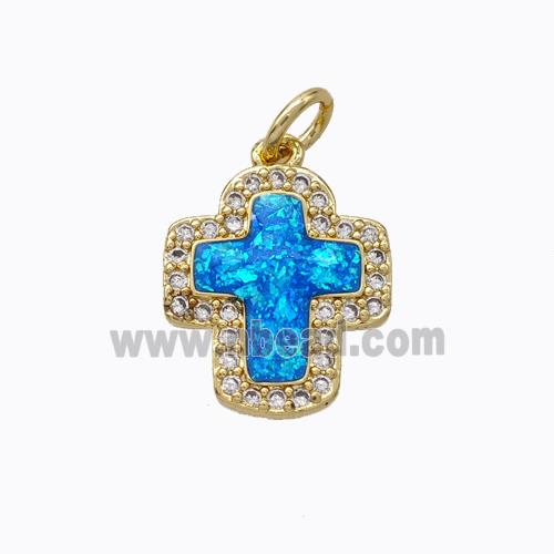 Copper Cross Pendant Micropave Zirconia Blue Fire Opal 18K Gold Plated