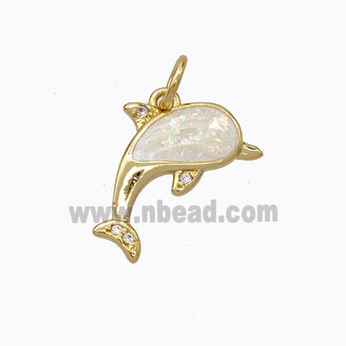 Copper Dolphin Pendant Micropave Zirconia White Fire Opal 18K Gold Plated