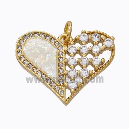 Copper Heart Pendant Micropave Zirconia White Fire Opal 18K Gold Plated