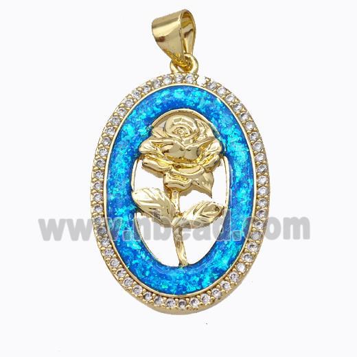 Copper Flower Pendant Micropave Zirconia Blue Fire Opal Oval 18K Gold Plated