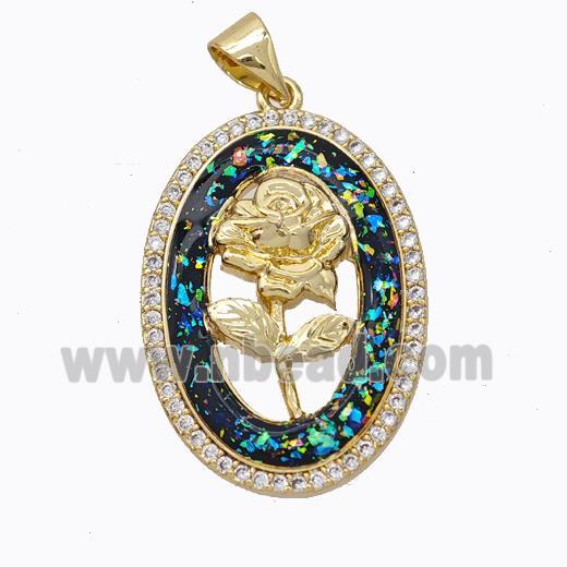 Copper Flower Pendant Micropave Zirconia Multicolor Fire Opal Oval 18K Gold Plated