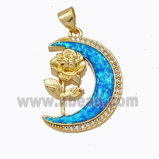 Copper Flower Pendant Micropave Zirconia Blue Fire Opal Moon 18K Gold Plated