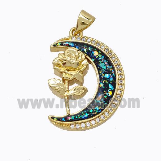 Copper Flower Pendant Micropave Zirconia Multicolor Fire Opal Moon 18K Gold Plated