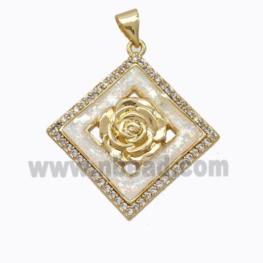 Copper Flower Pendant Micropave Zirconia White Fire Opal Square 18K Gold Plated