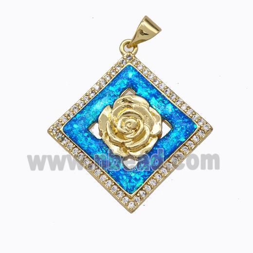 Copper Flower Pendant Micropave Zirconia Blue Fire Opal Square 18K Gold Plated