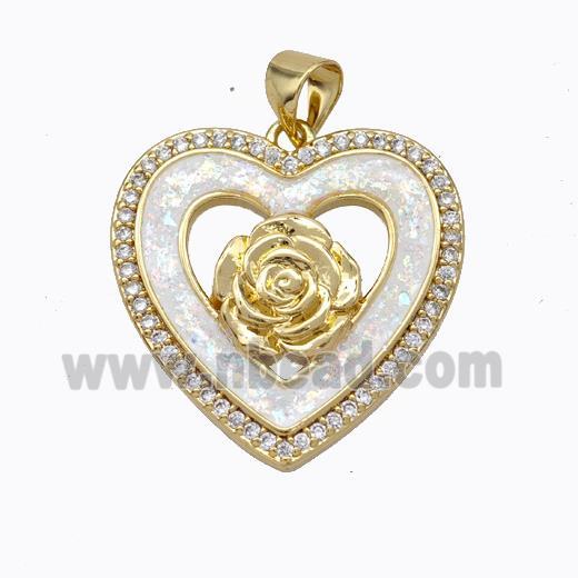 Copper Heart Pendant Micropave Zirconia White Fire Opal Flower 18K Gold Plated