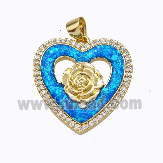 Copper Heart Pendant Micropave Zirconia Blue Fire Opal Flower 18K Gold Plated