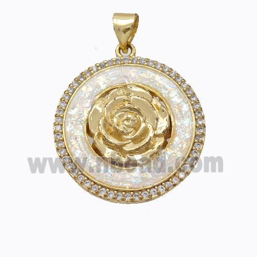 Copper Flower Pendant Micropave Zirconia White Fire Opal Circle 18K Gold Plated