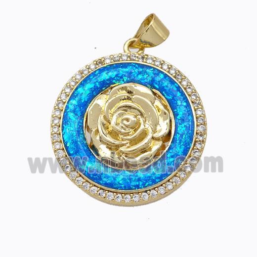 Copper Flower Pendant Micropave Zirconia Blue Fire Opal Circle 18K Gold Plated