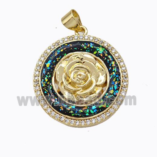 Copper Flower Pendant Micropave Zirconia Multicolor Fire Opal Circle 18K Gold Plated