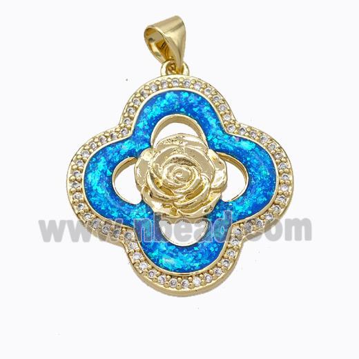 Copper Clover Pendant Micropave Zirconia Blue Fire Opal Flower 18K Gold Plated