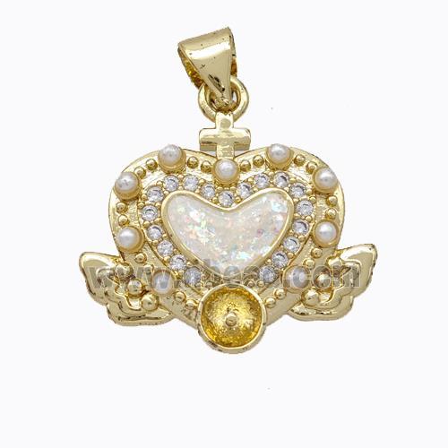 Copper Heart Pendant Micropave Zirconia White Fire Opal Angelwings 18K Gold Plated