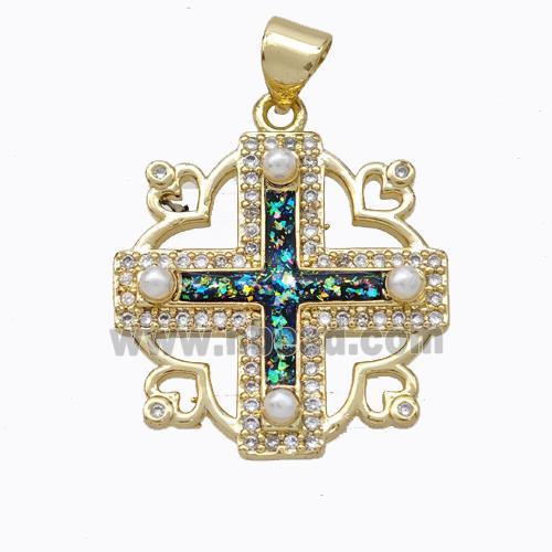 Copper Cross Pendant Pave Multicolor Fire Opal 18K Gold Plated