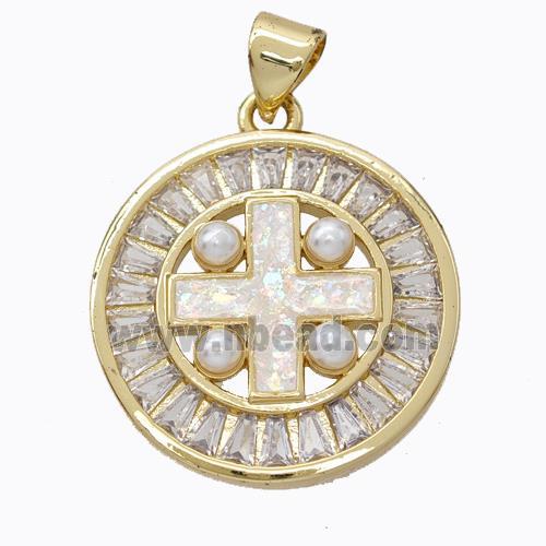 Copper Cross Pendant Pave Zirconia White Fire Opal Circle 18K Gold Plated