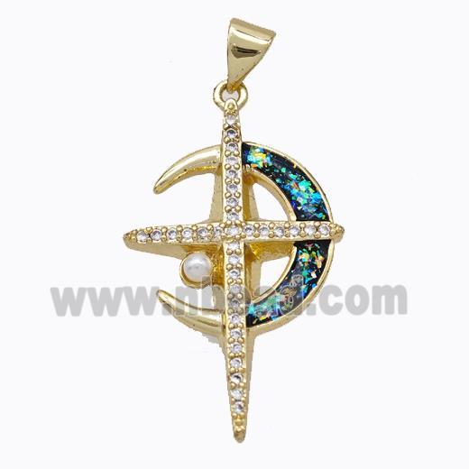 Copper Moon Pendant Pave Multicolor Fire Opal Cross 18K Gold Plated