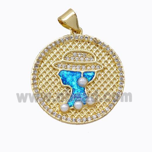 Beauty Charms Copper Circle Pendant Pave Zirconia Fire Opal 18K Gold Plated