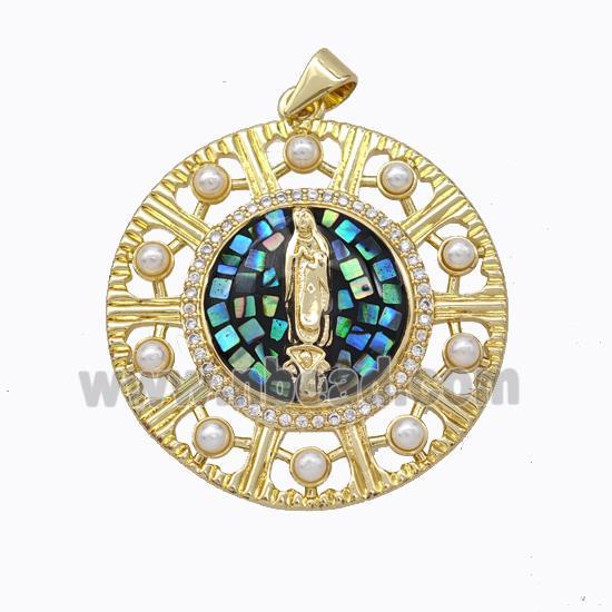 Virgin Mary Charms Copper Circle Pendant Pave Abalone Shell Resin 18K Gold Plated