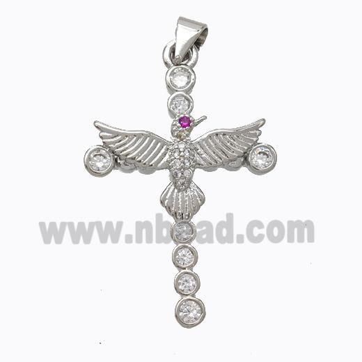 Copper Cross Pendant Pave Zirconia Birds Platinum Plated