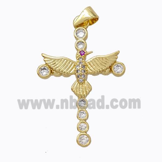 Copper Cross Pendant Pave Zirconia Birds Gold Plated