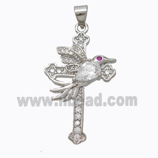 Copper Cross Pendant Pave Zirconia Birds Platinum Plated