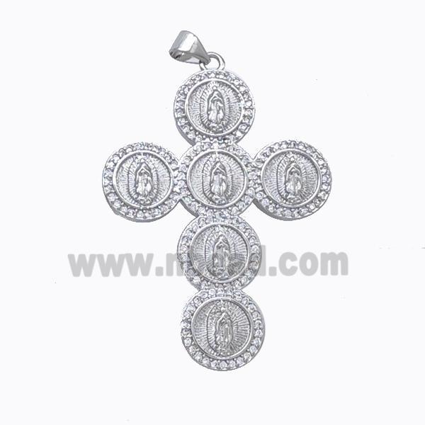 Copper Cross Pendant Pave Zirconia Virgin Mary Platinum Plated