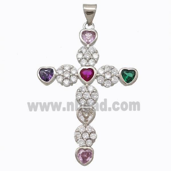 Copper Cross Pendant Micropave Zirconia Heart Platinum Plated