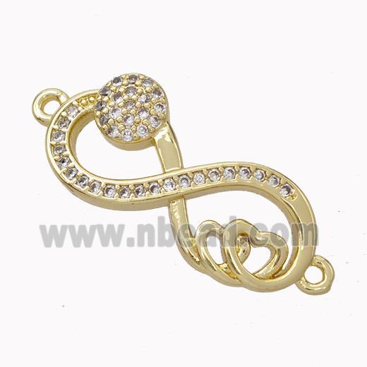 Copper Infinity Connector Micropave Zirconia Heart Gold Plated