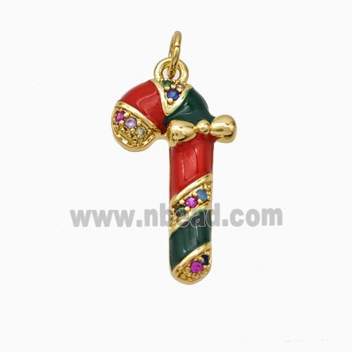 Christmas Candy Cane Charms Copper Pendant Pave Zirconia Red Enamel Gold Plated