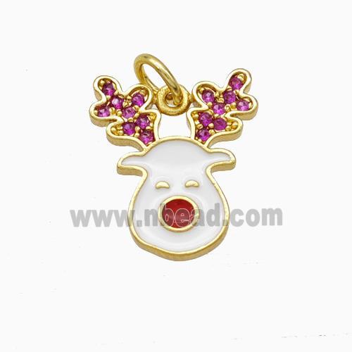 Christmas Reindeer Charms Copper Pendant Pave Zirconia White Enamel Gold Plated