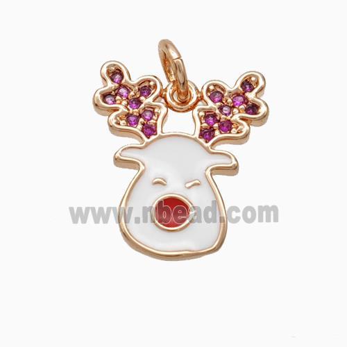 Christmas Reindeer Charms Copper Pendant Pave Zirconia White Enamel Rose Gold