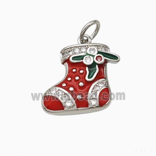 Christmas Stocking Charms Copper Pendant Pave Zirconia Red Enamel Platinum Plated