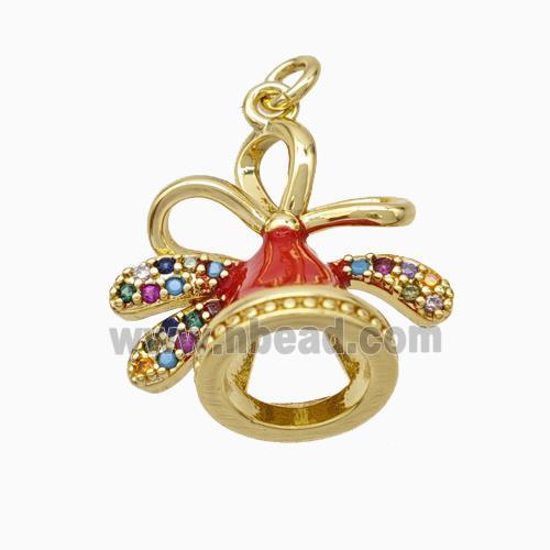 Christmas Bell Charms Copper Pendant Pave Zirconia Red Enamel Gold Plated