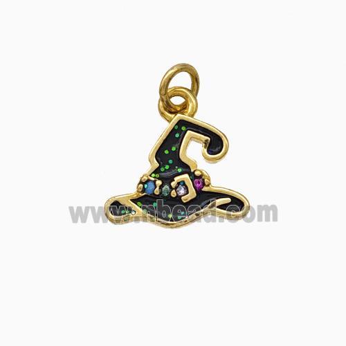 Halloween Hat Charms Copper Pendant Pave Zirconia Black Enamel Gold Plated