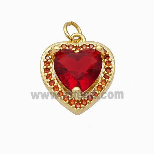 Copper Heart Pendant Micropave Zirconia Red Crystal Glass Gold Plated