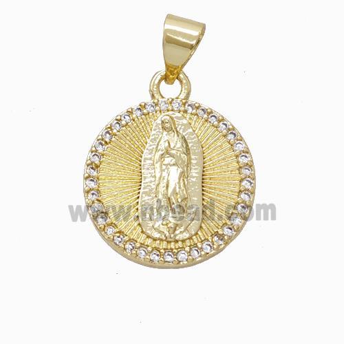 Virgin Mary Charms Copper Pendant Pave Zirconia Circle Gold Plated