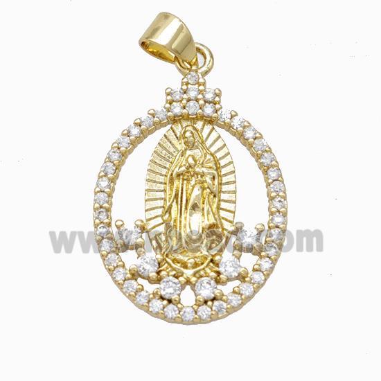 Virgin Mary Charms Copper Oval Pendant Micropave Zirconia Gold Plated