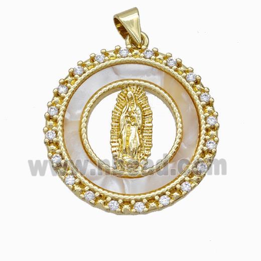 Jesus Charms Copper Pendant Pave Shell Zirconia Circle Gold Plated