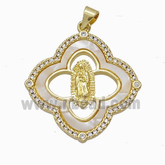 Jesus Charms Copper Pendant Pave Shell Zirconia Clover Gold Plated