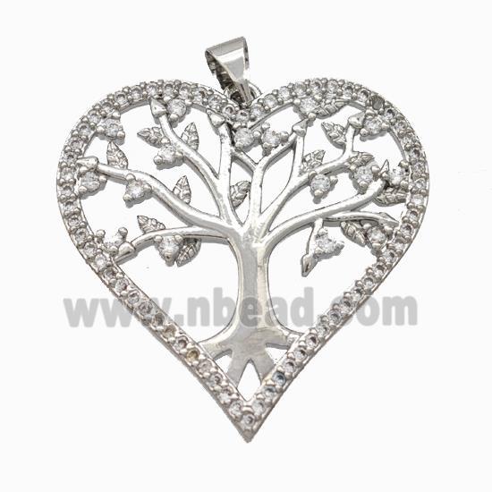 Copper Tree Pendant Micropave Zirconia Heart Platinum Plated