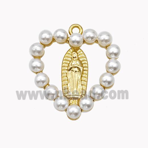 Virgin Mary Charms Copper Heart Pendant Pave Pearlized Resin Gold Plated