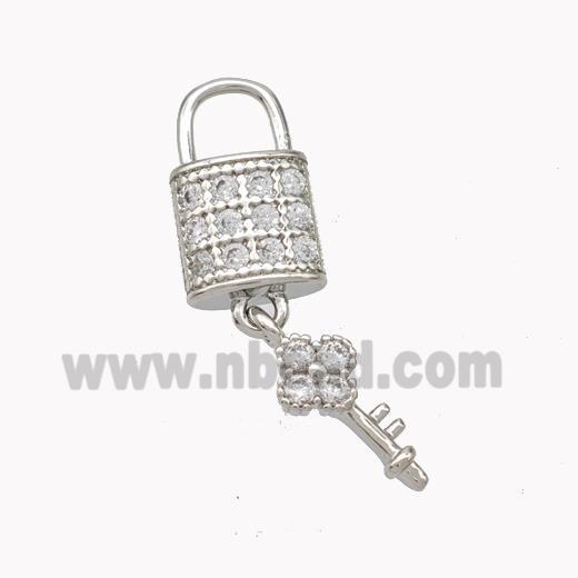 Copper Lock Key Pendant Pave Zirconia Platinum Plated