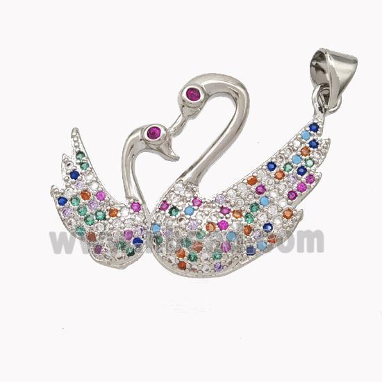 Copper Swan Pendant Pave Multicolor Zirconia Platinum Plated