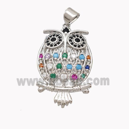 Copper Owl Pendant Pave Multicolor Zirconia Birds Platinum Plated