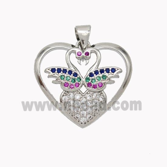 Copper Swan Pendant Micropave Zirconia Heart Platinum Plated