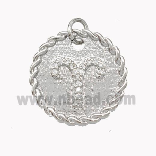 Sign Of Aries Copper Circle Pendant Pave Zirconia Zodiac Platinum Plated