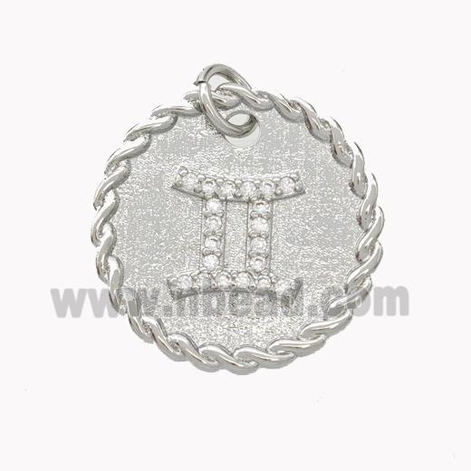 Sign Of Gemini Copper Circle Pendant Pave Zirconia Zodiac Platinum Plated