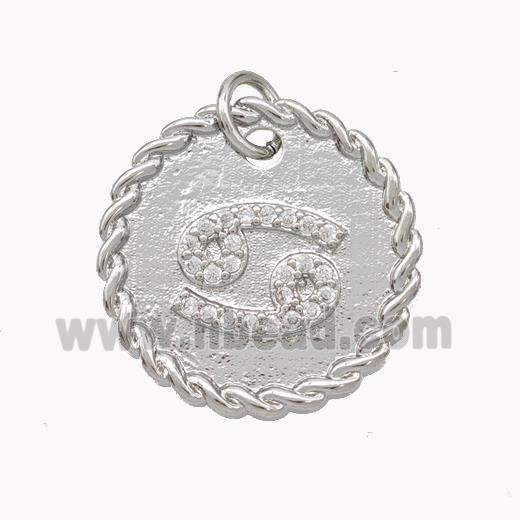 Sign Of Cancer Copper Circle Pendant Pave Zirconia Zodiac Platinum Plated