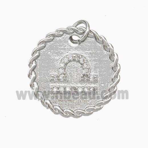 Sign Of Libra Copper Circle Pendant Pave Zirconia Zodiac Platinum Plated