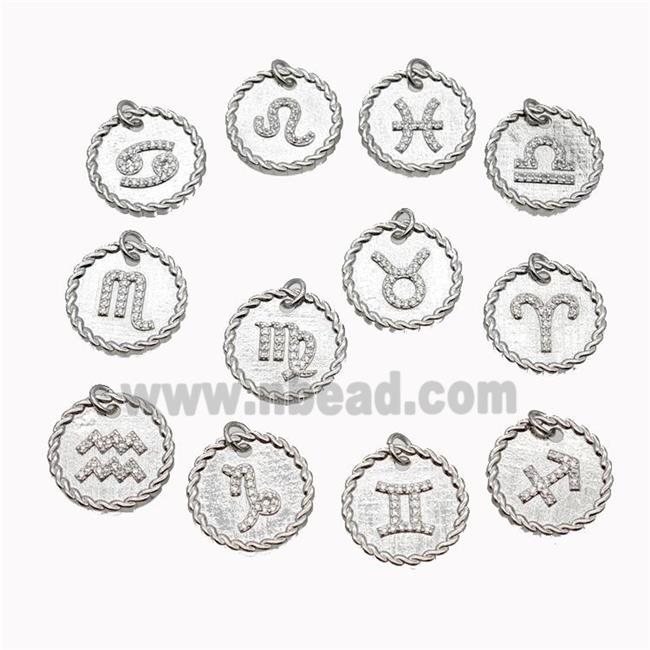 Sign Of Zodiac Copper Circle Pendant Pave Zirconia Platinum Plated Mixed